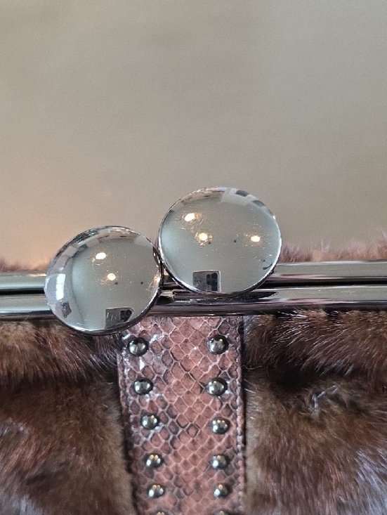 Brown Mink and Snake-Texture Evening Bag with Rhinestone Buckle & Kiss Closure - Picture 11 of 16